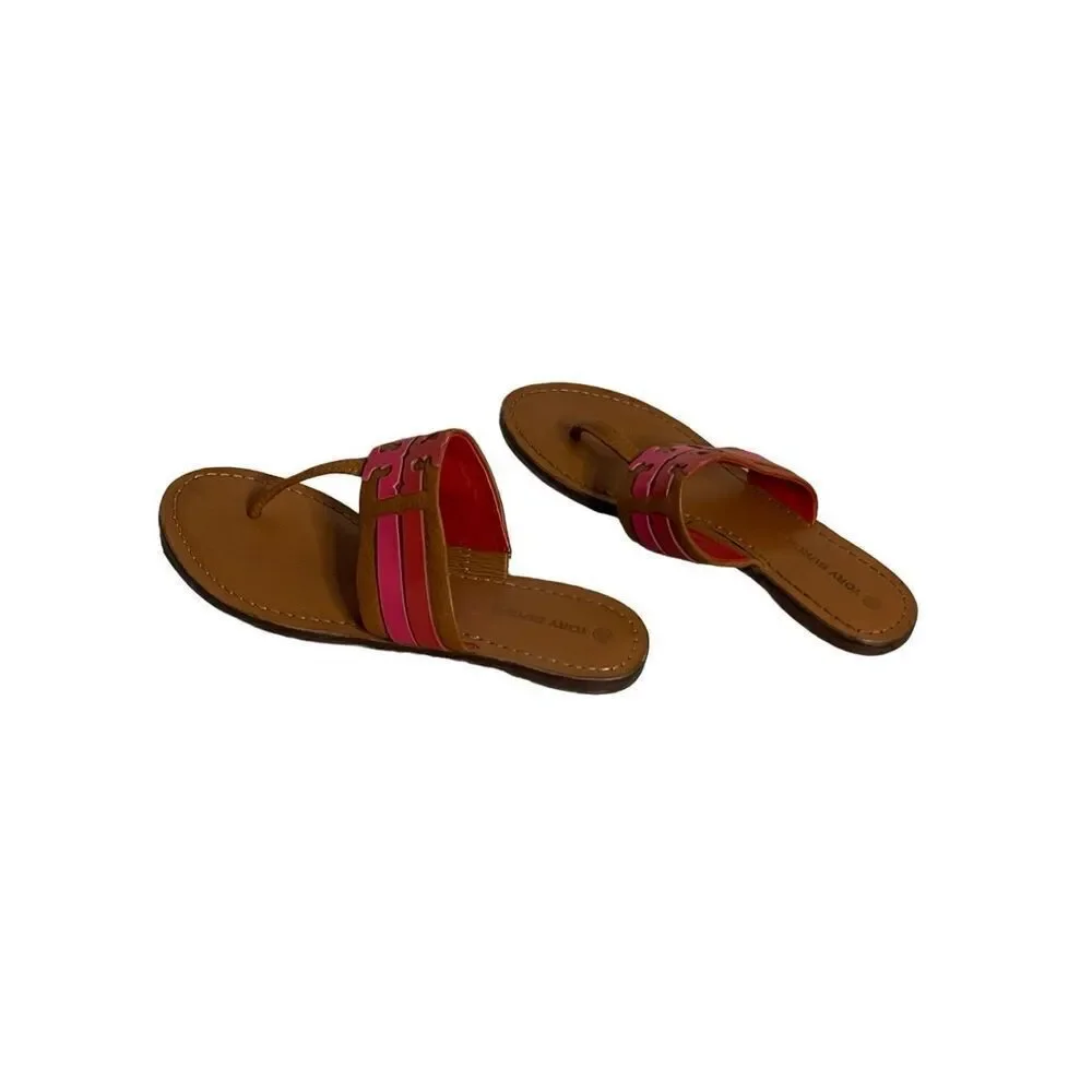 TORY BURCH LEIGH AMBRA CARNELIAN AZALEA LEATHER THONG SANDALS Women’s Size 8